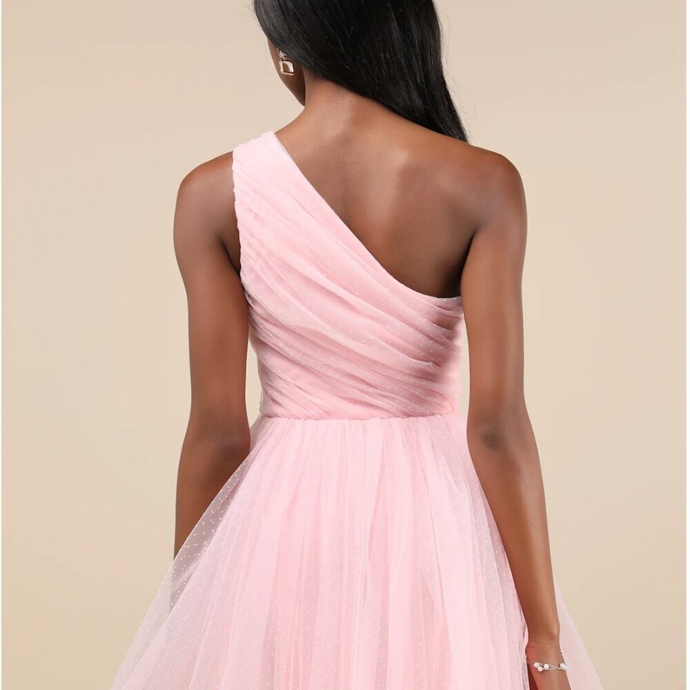 Lulus Exceptional Moments Light Pink Swiss Dot One-shoulder Mini Dress - Size S - Picture 4 of 8
